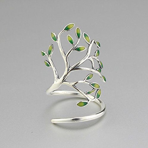 Tree of Life Ring in Sterling Silver and Green Enamel