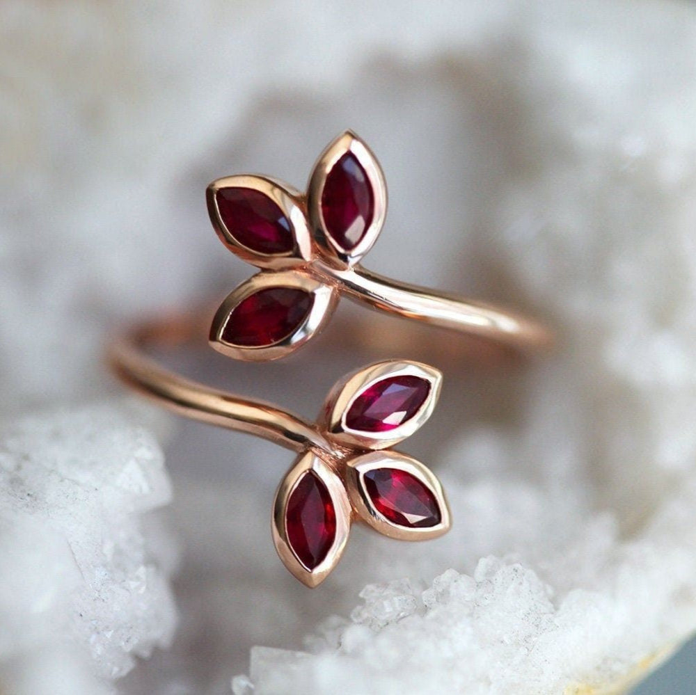 Ruby Flower Ring with 18k Rose Gold Plating - NR