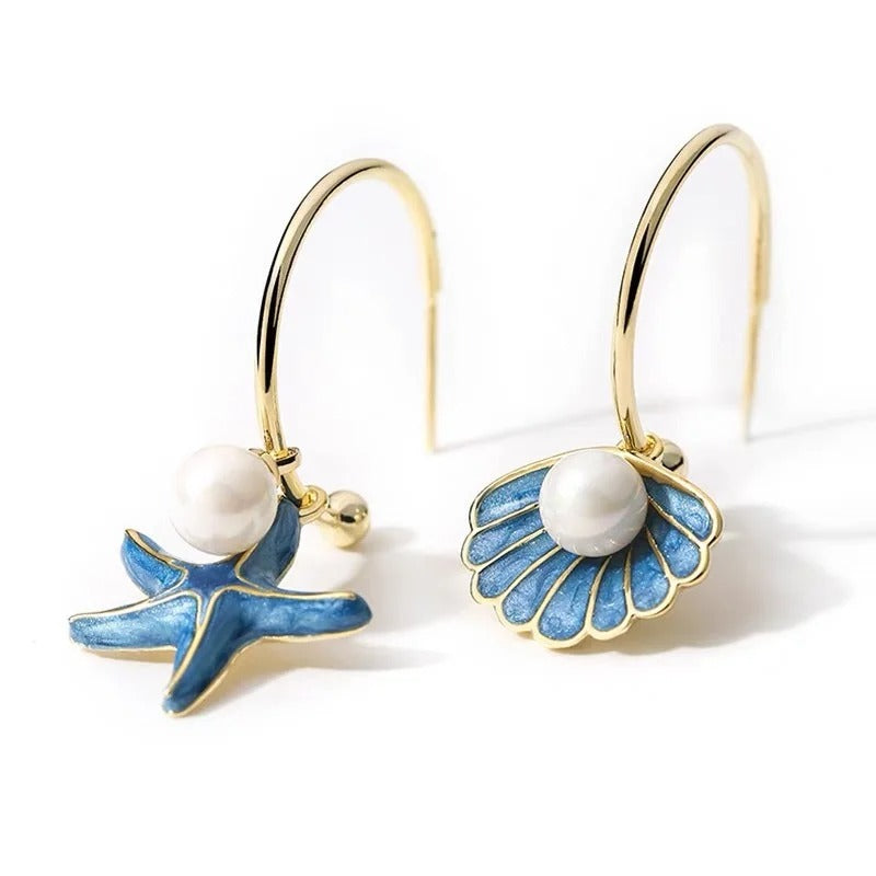 Sea Shell and Starfish Earrings With Freshwater Pearls