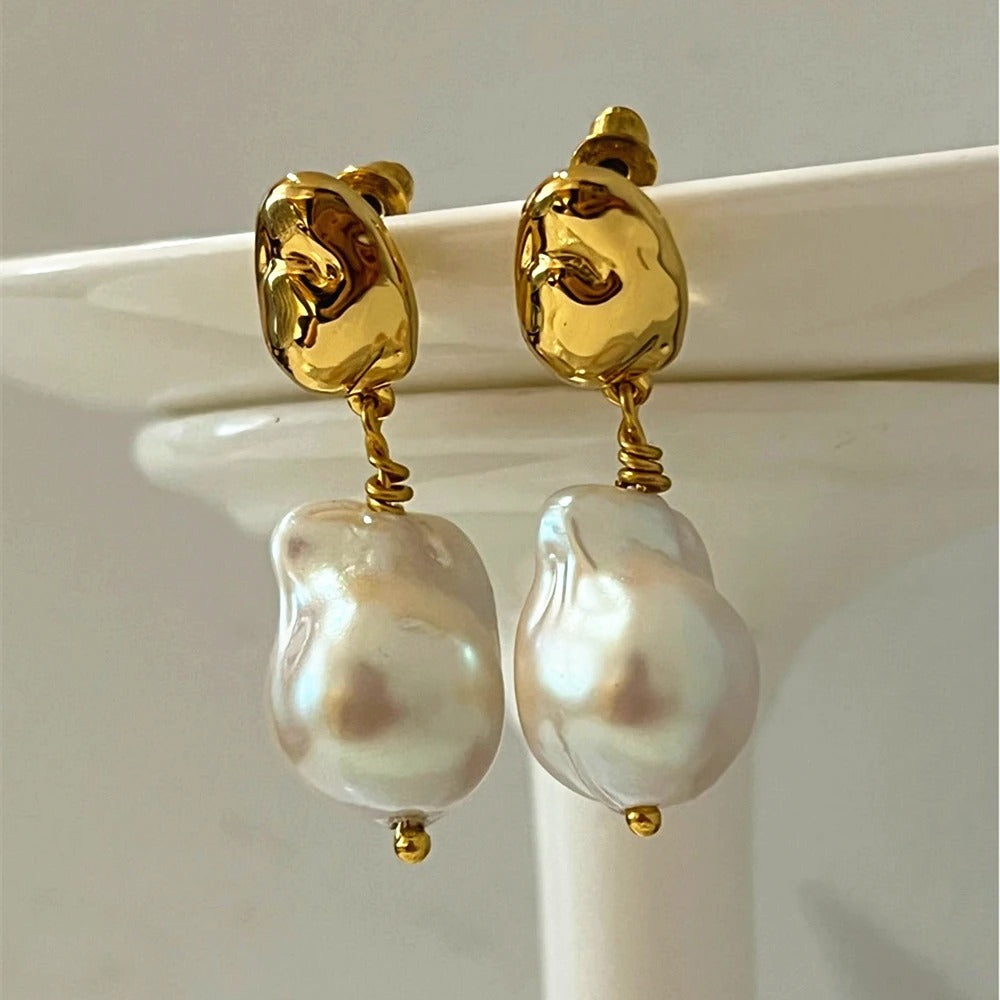 Dangling Baroque Pearl Earrings with 18K gold plating