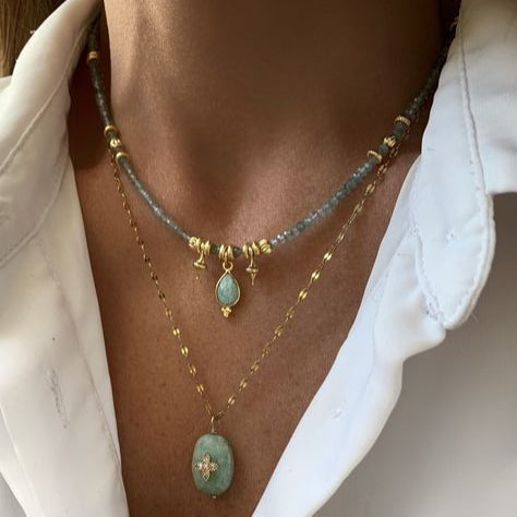Triple Necklace with 18k Gold Plating and Added Turquoise Stones