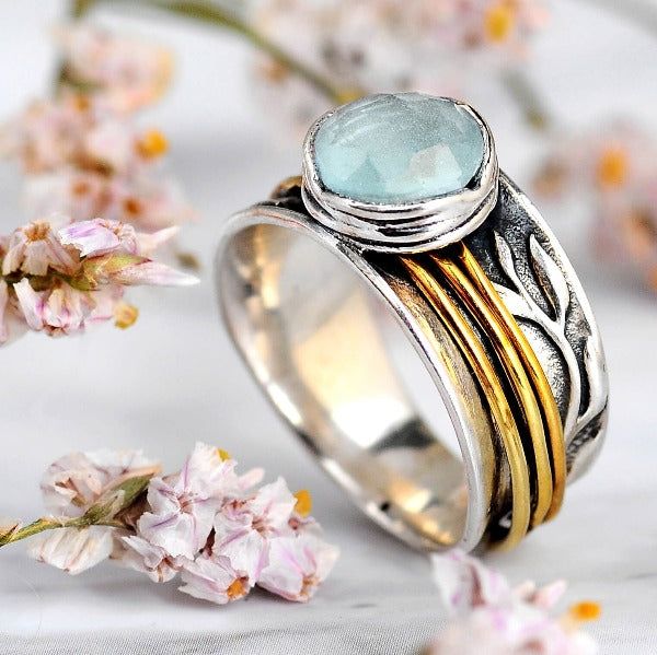 Adjustable 925 Silver and 18k Gold-Plated Ring with Blue Cubic Zirconia