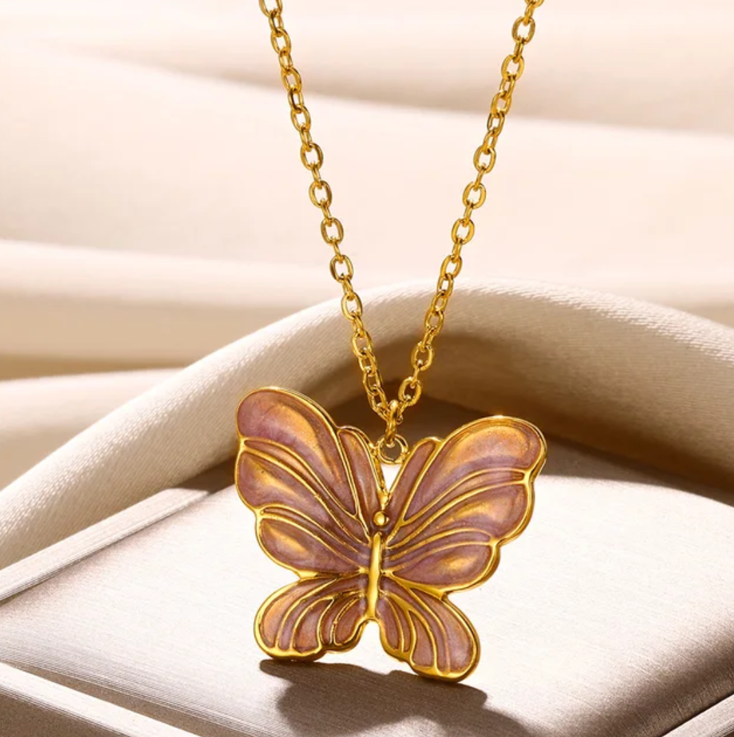 18 Karat Gold Plated Pink Butterfly Enamelled Necklace