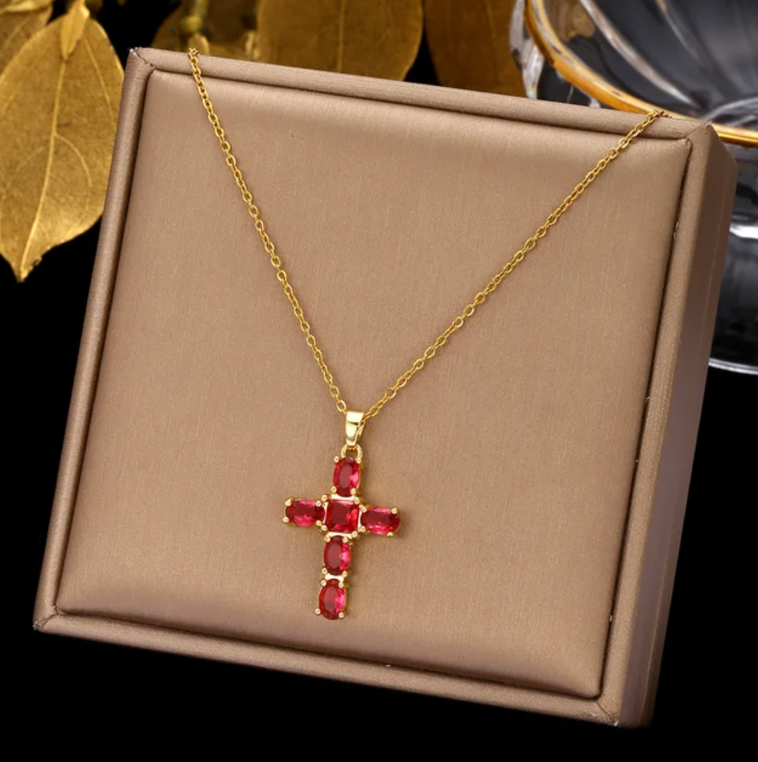 18 Karat Gold Plated necklace with red cross crystals