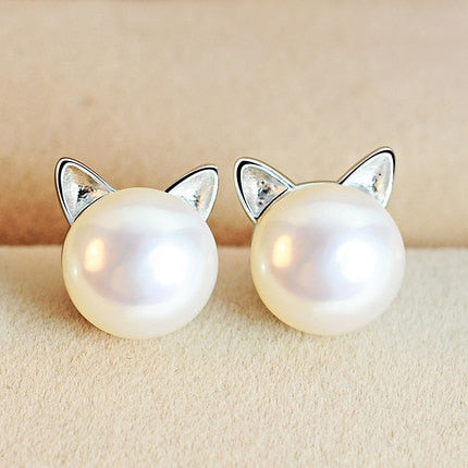 Silver and cultured pearl kitten earrings - BS