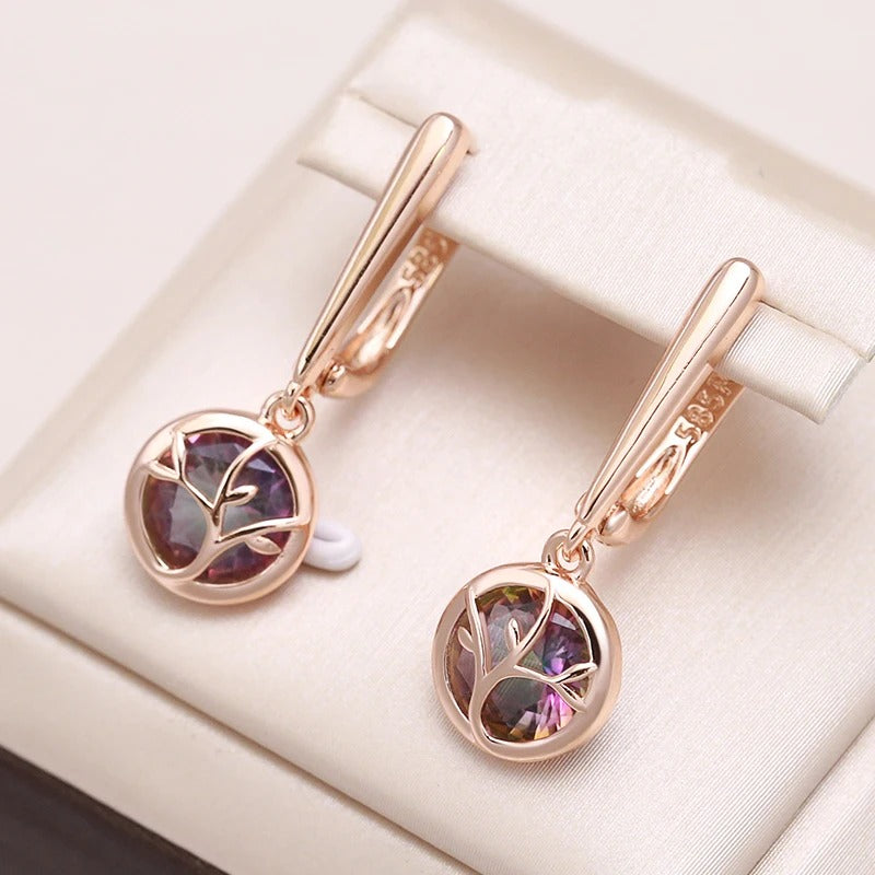 18k Rose Gold plated Floral earrings amethyst enamel inlay - AC