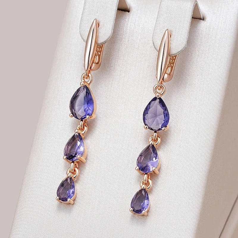 18K Rose Gold plated earrings with Triple Amethyst Tears Crystals - AC