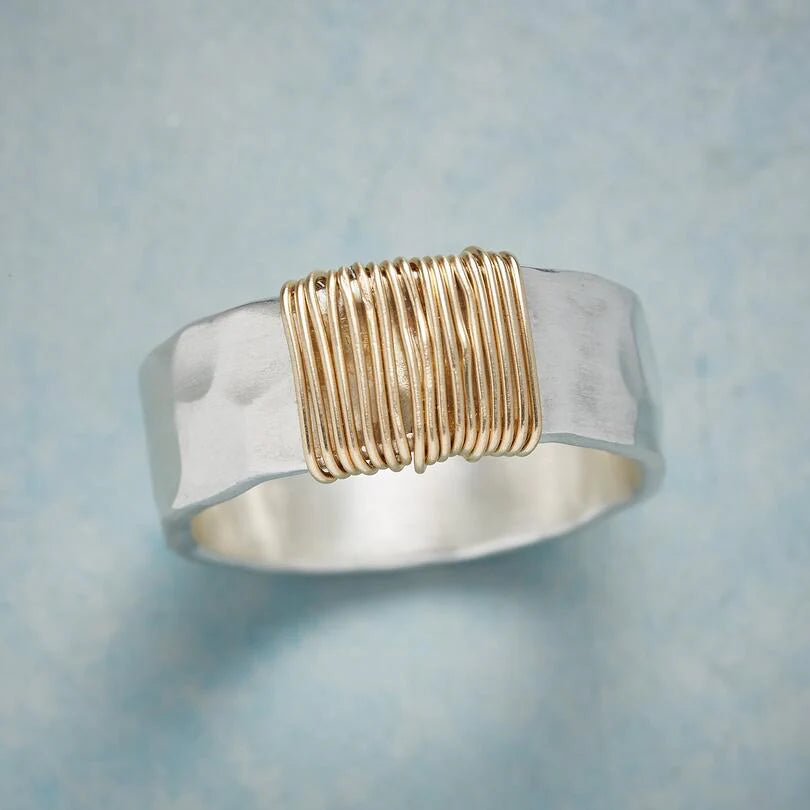 Boho ring made from 925 sterling silver and 18k gold-plated threads