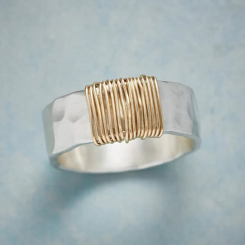 Boho ring made from 925 sterling silver and 18k gold-plated threads - BS