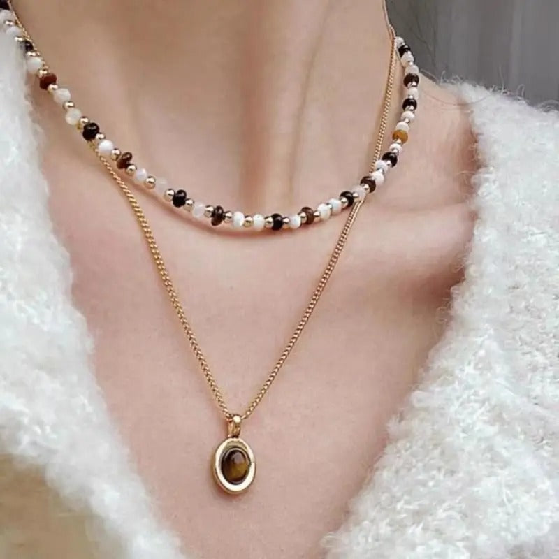 Double-Layered Tiger Eye Stone Beaded Necklace