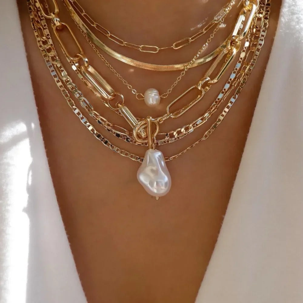 18K Gold plated Triple Necklace with Barroque Pearl Pendant