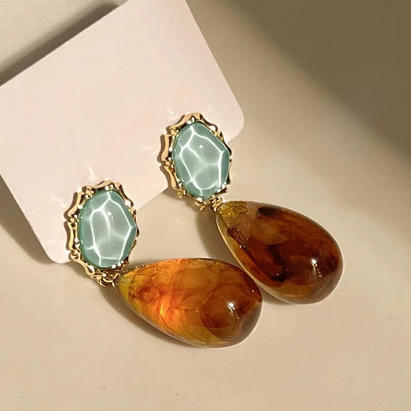 Drop of Natural Amber and "Freshwater" Enamel Plated with 18K Gold