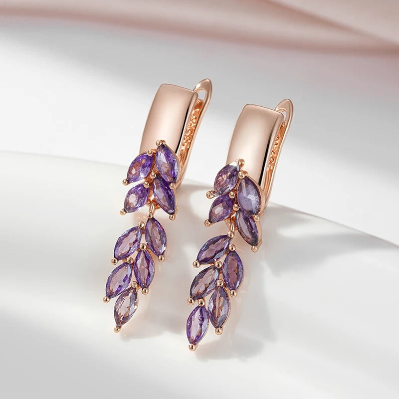 18K Rose Gold plated earrings with amethyst leaf crystals - AC