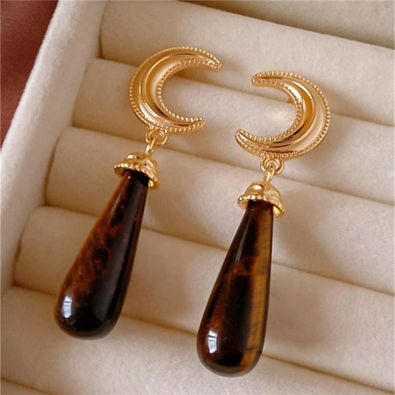 18K Gold-Plated Natural Amber Drop and Moon Earrings
