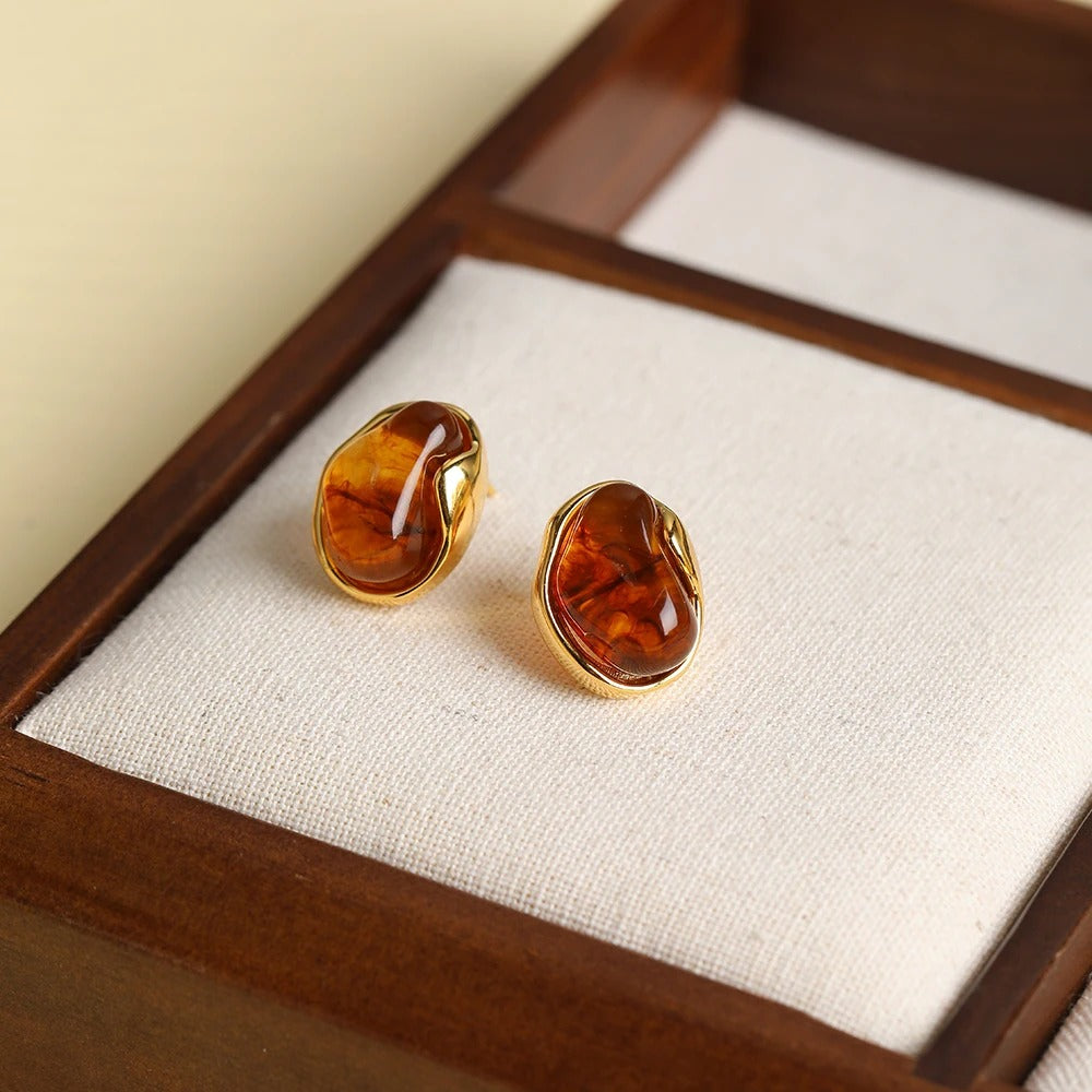 Natural Amber 18K Gold-Plated Stud Earrings