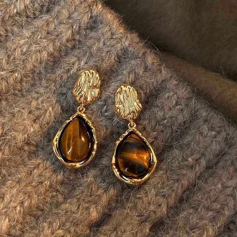 18K Modern Drop Tiger's Eye Earrings