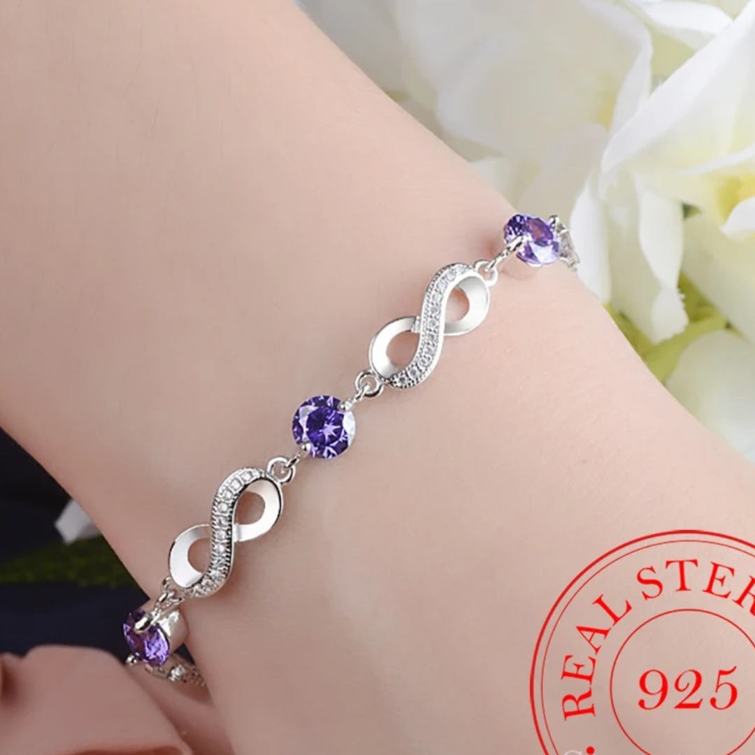 Thin 925 sterling silver infinity bracelet with beautiful coloured zirconia stones - BS
