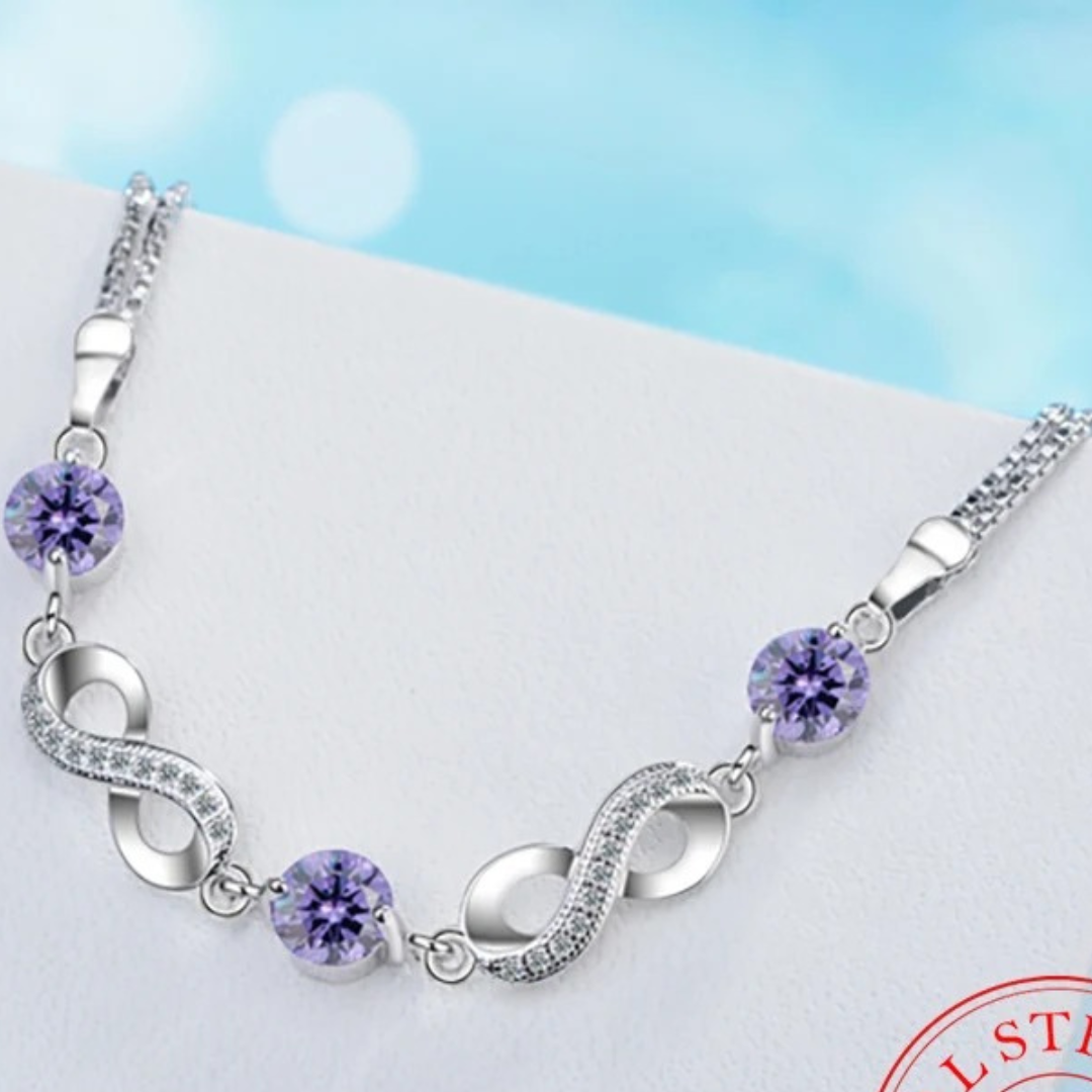 Thin 925 sterling silver infinity bracelet with beautiful coloured zirconia stones - BS