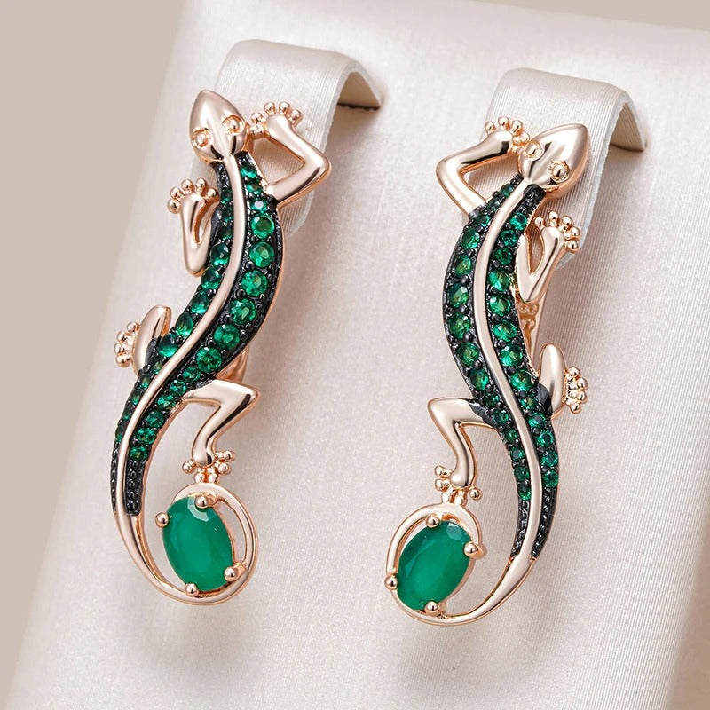 18K Rose Gold Plated Green Natural Zircon Lizard Drop Earrings - AC