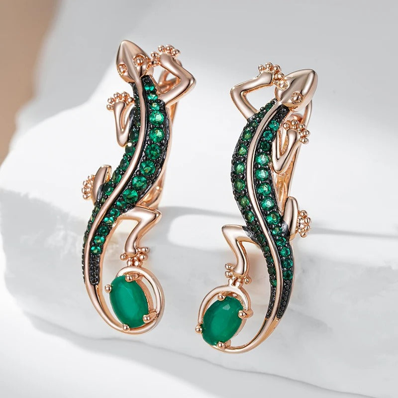 18K Rose Gold Plated Green Natural Zircon Lizard Drop Earrings - AC