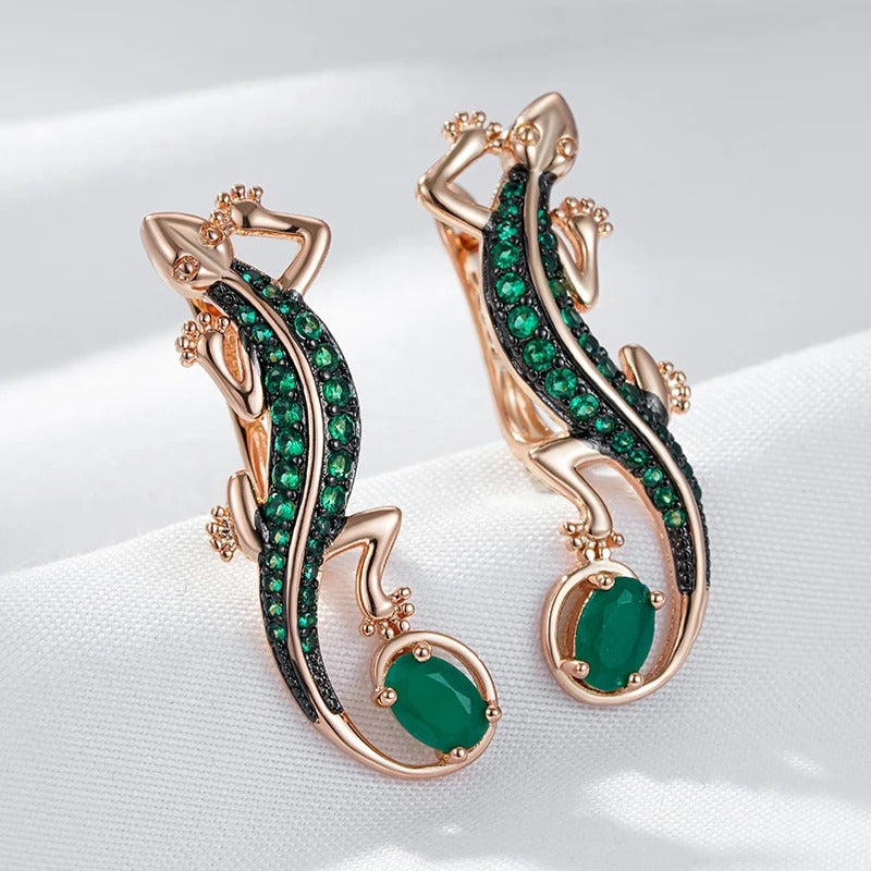 18K Rose Gold Plated Green Natural Zircon Lizard Drop Earrings - AC